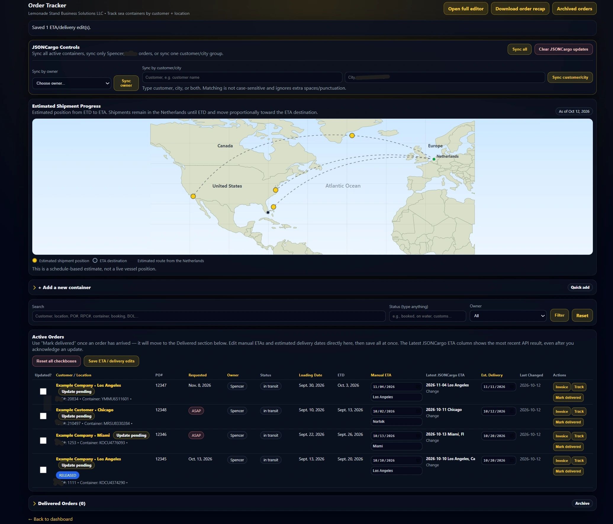 Lemonade Stand order tracking dashboard showing shipment progress map and active orders table
